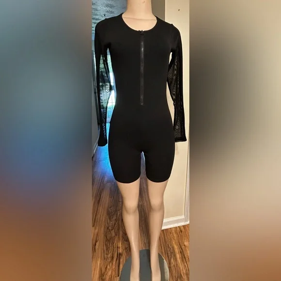 Guess Sexy Black Biker Short Front Zip Jumpsuit w Sheer Long Sleeves - Picture 1 of 11